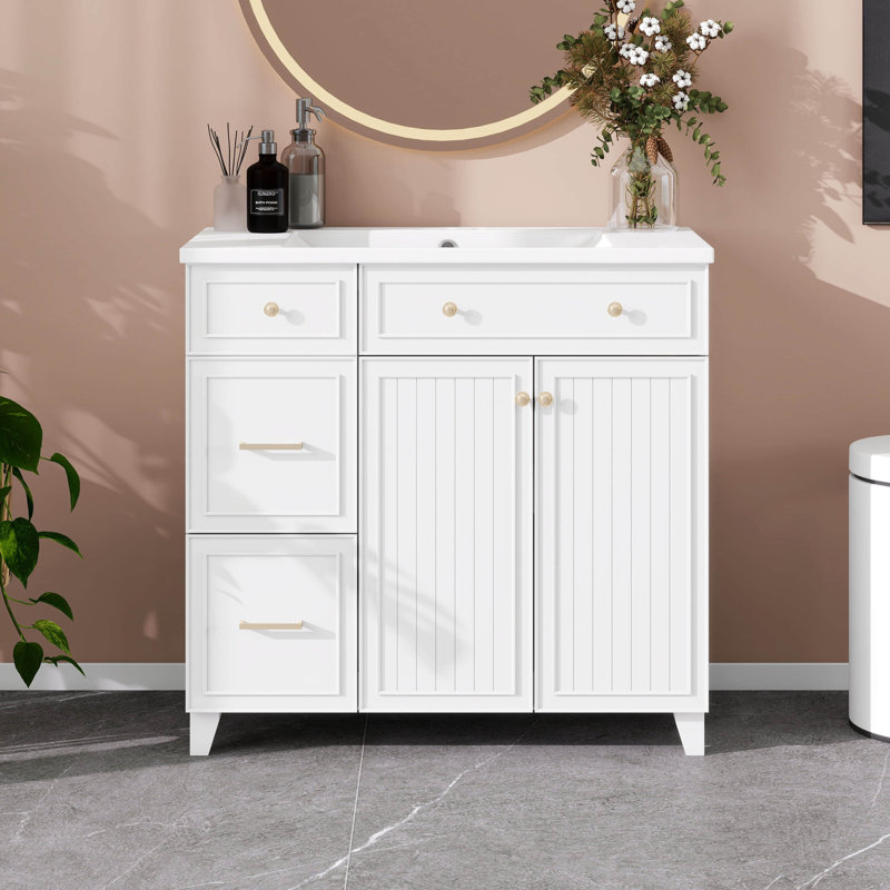 Meuble-lavabo de 36 po avec lavabo en céramique, armoire de rangement pour salle de bain avec tiroirs à double couche et portes à fermeture douce, tablette réglable