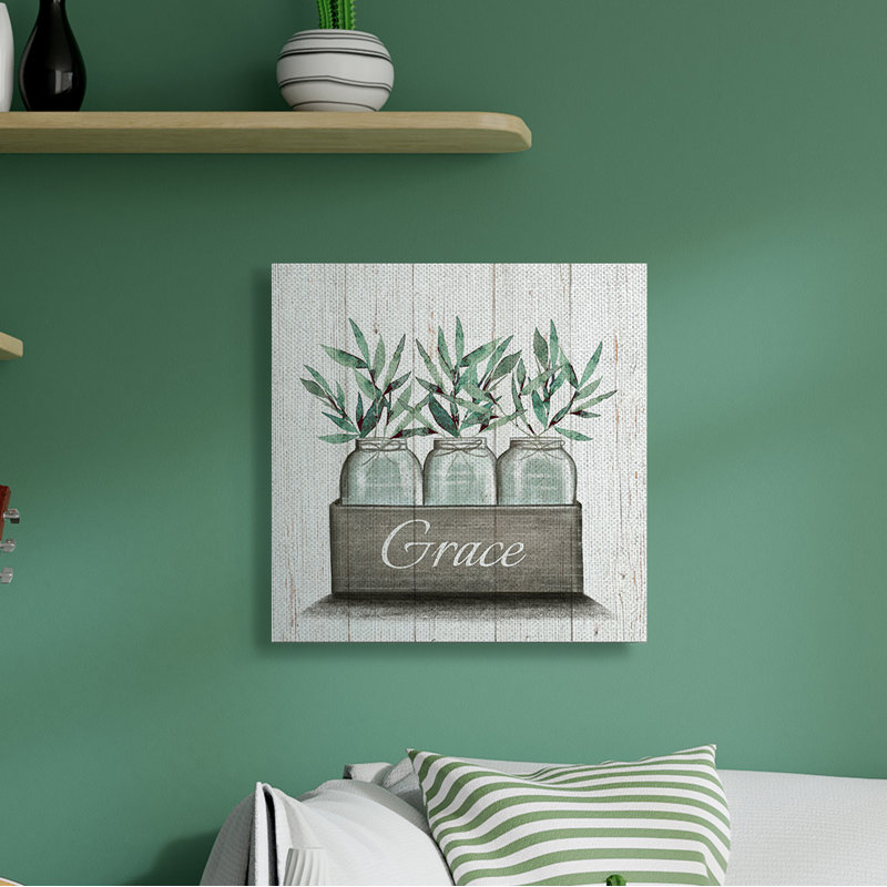 «Green Plant Foliage in Jars with Grace Sentiments» par Elizabeth Tyndall - impression, Toile tendue
