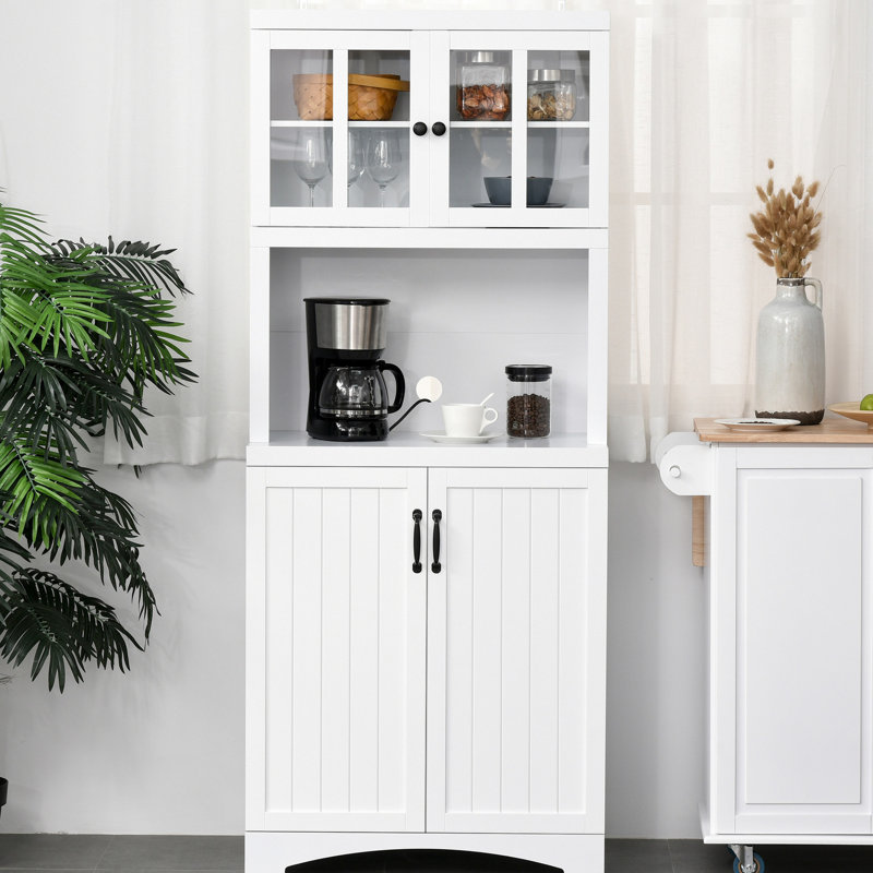 Armoire de rangement de cuisine blanche avec tablettes réglables et compartiment à micro-ondes pour la salle à manger - rangement pratique, porte de garde-manger en verre et espace. Grands articles essentiels. Personnalisable
