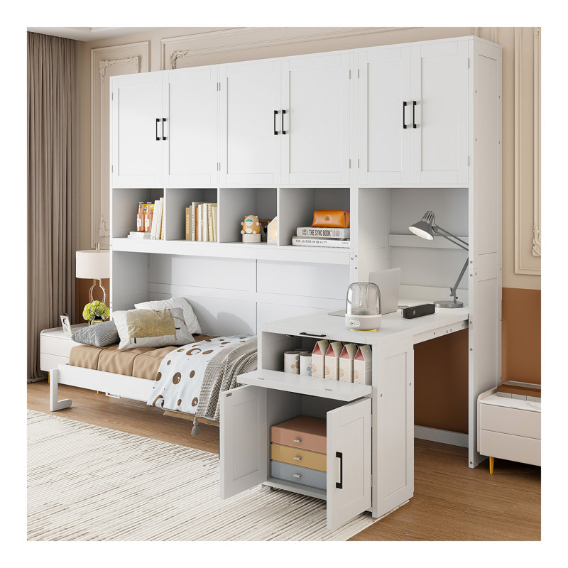Lit escamotable mural simple avec placard, bureau blanc