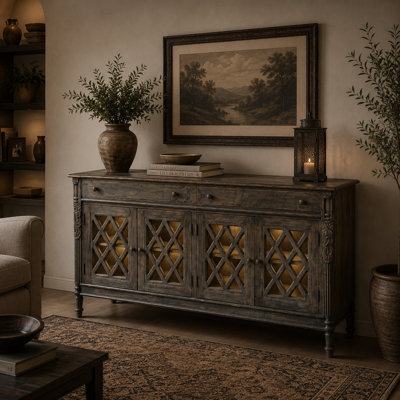 Gibney Grey Washed Carved 4-Door Sideboard – 71" Solid Hardwood Storage Cabinet 