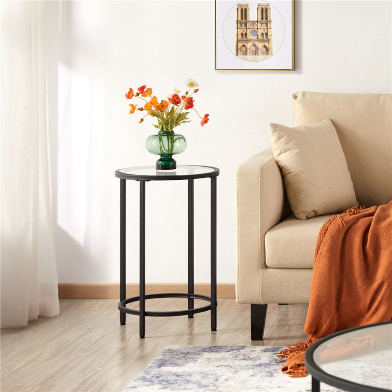 Round Side Table With Metal Frame,  Glass Top End Table, Black