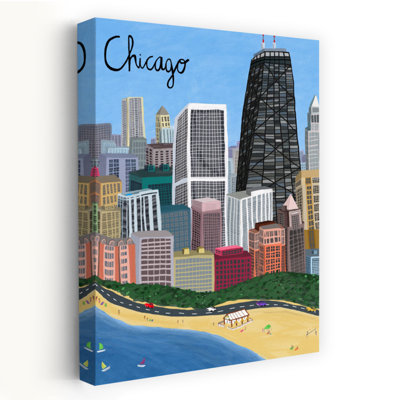 Chicago City With Beachfront On Lake Michigan By Artist Carla Daly Abstract Contemporary Architecture Beach Wall Art 1 Piece Wrapped Canvas Wall Art