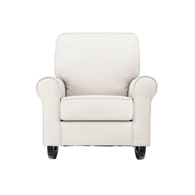 Chaise berçante en tissu beige avec siège à ressorts ensachés et pieds en bois, largeur de 20 po, profondeur de 21 po, hauteur de 23 po, plancher de 8 po avec accoudoirs, capacité de poids de 220 lb, tapis de couloir de 33 po, contreplaqué