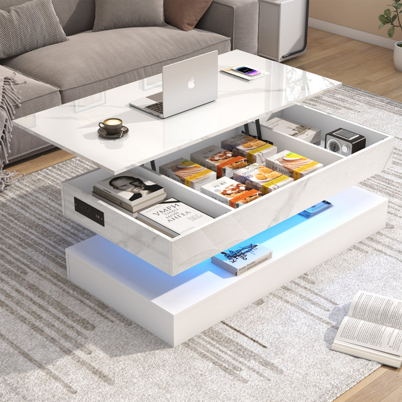 47.2" Large Lift Top Led Modern High Glossy  Coffee Table With Charging Station