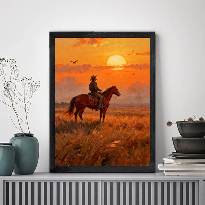 «Black Cowboy Vintage» chevauchant un cheval et appréciant le coucher du soleil, impressions sur toile de style rétro