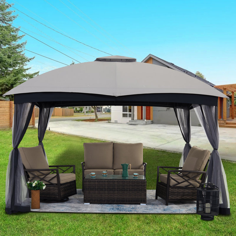 10Ft.W x 12Ft.D Steel Patio Gazebo with Netting, Grey