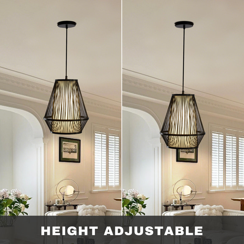 Handwoven Rattan Cone-shaped Tapered Bamboo Pendant Light, Matte Black