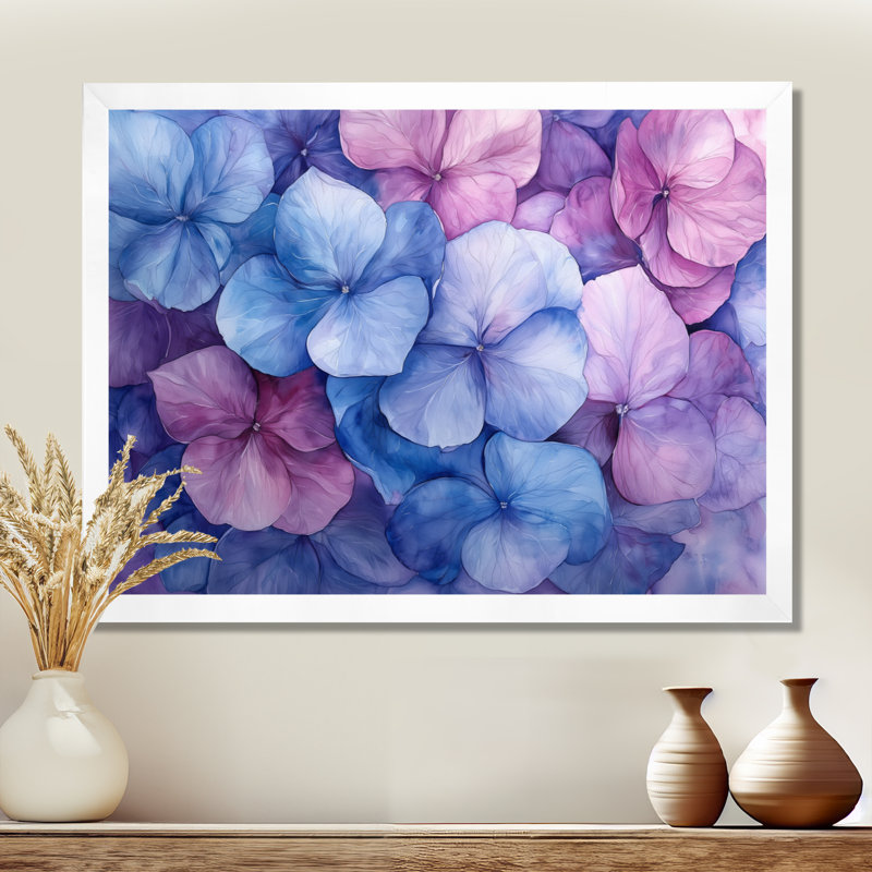 Imojene hortensia à l'aquarelle, encre mauve III - hydrangées, art mural, Reproduction encadrée d'une seule photo, Blanc