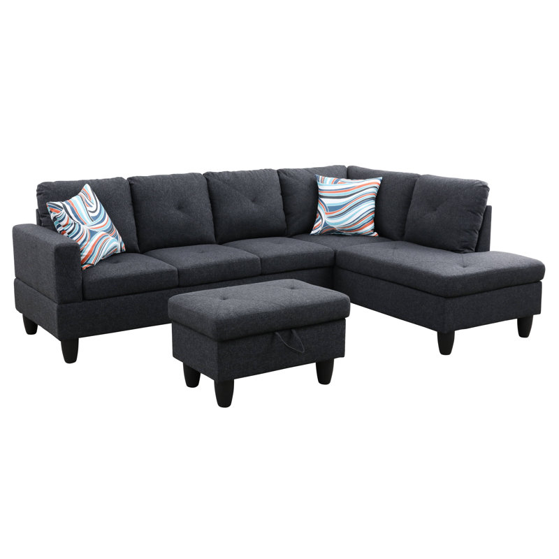 103" Savoy Dark Gray Linen Right Facing 3-Piece Sectional Sofa Set With Chaise And Storage Ottoman, Right Hand Facing