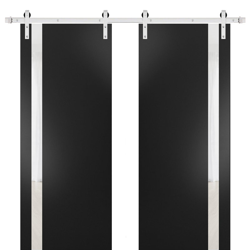 Portes de grange intérieures robustes en bois givré avec ensemble de quincaillerie Planum, 60 po x 84 po, Noir mat / blanc