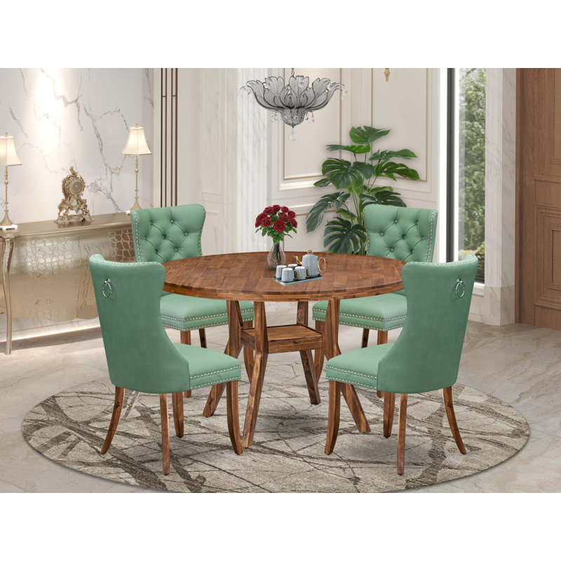Cet ensemble de table de salle à manger 5 pièces comprend une table de salle à manger et 4 chaises rembourrées en tissu de polyester vert saule avec dossier capitonné, noyer antique