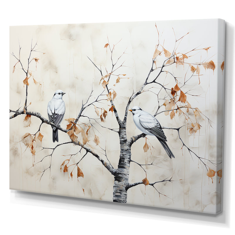 Arbre de bouleau avec oiseaux - Minimalisme, H 34 po x l 44 po x P 1,5 po, Toile tendue