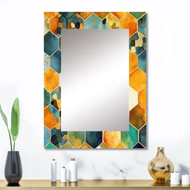 Coloré Hexagone III - miroir de formes abstraites, miroir mural décoratif moderne, impression d'art en métal, 32 po x 24 po