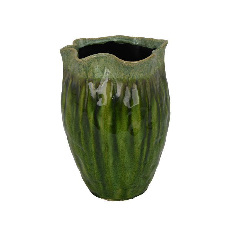 Pot à fleurs décoratif Ashly avec bordure festonnée, céramique texturée verte 11 pouces, H 10,5 po x l 7,25 po x P 7,25 po