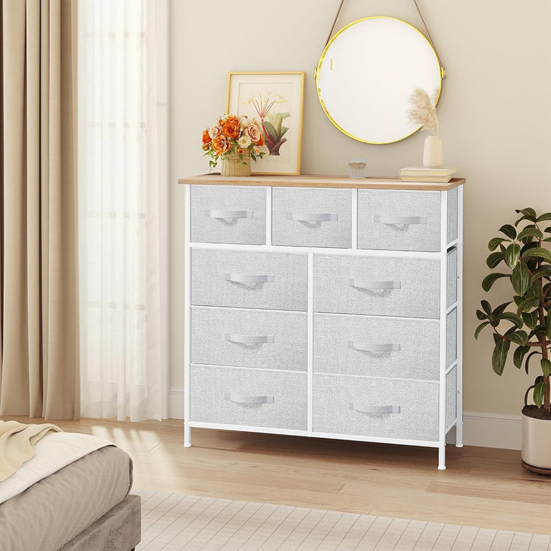 Commode 9 tiroirs, tour de rangement en tissu gris clair, unité de rangement haute pour la chambre, le salon, le couloir, placards - structure en acier robuste, plateau en bois et bacs à tirer