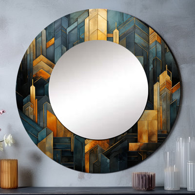 Sarujan Black And Gold Geometrics Arches - Abstract Shapes Unique Mirror, Modern Large Round Wall Mirror, Printed Metal Art