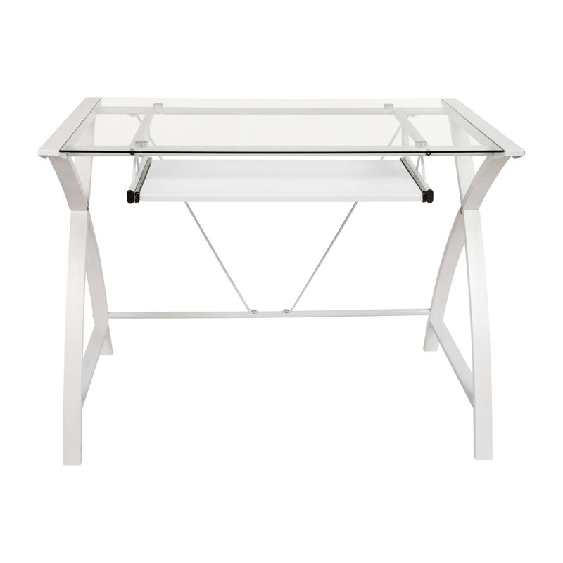 Jude Tempered Glass Computer Desk with Pull-Out Keyboard Tray, White