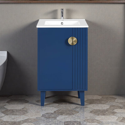 20-Inch Bathroom Vanity With Ceramic Sink, Freestanding Single Vanity Set With Soft Closing Door, Chic Half-Moon Pulls, French Style
