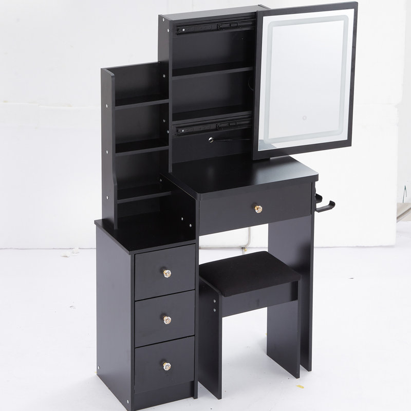 Petite table de maquillage de chambre à coucher - 2 AC et ports, miroir coulissant à DEL tactile, tabouret inclus, noir, meuble-lavabo compact de style américain avec tabouret et prises de courant, écran tactile à 3 réglages de couleur,