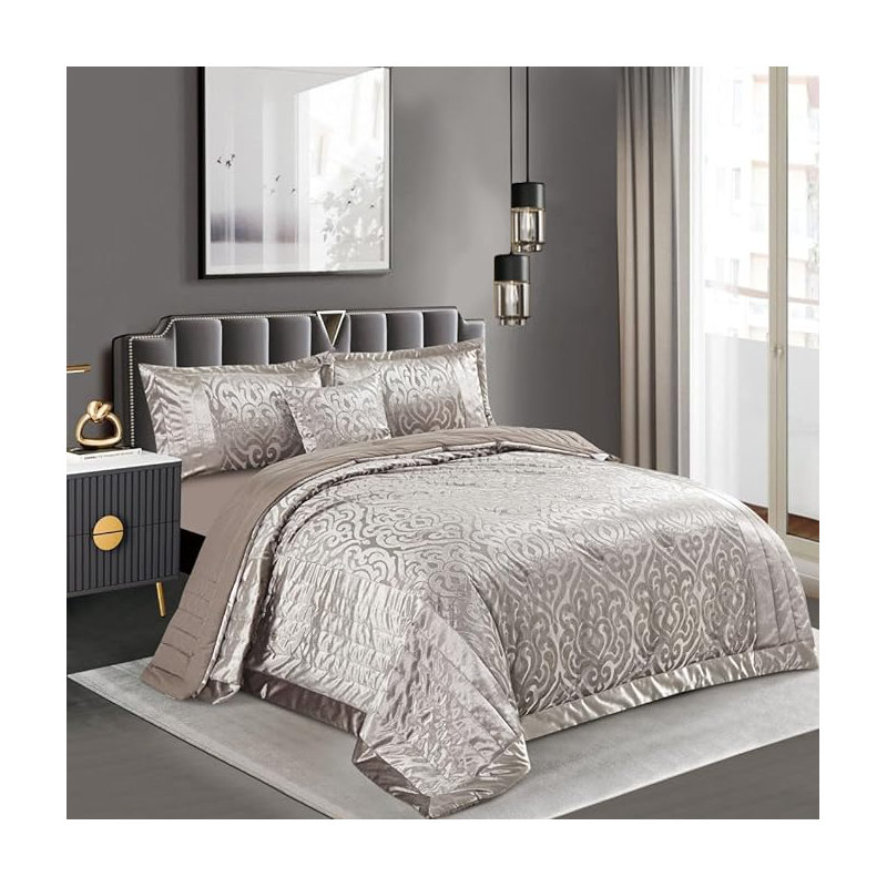 Bollara Velvet Damask Bedspread with Pillow Shams, Double/King Bedspread  + 2 Pillow Sham, Mink