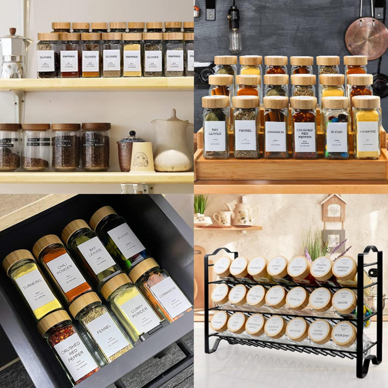 Pots à épices en verre avec 398 étiquettes, 24 contenants à épices 4 oz avec couvercles en bambou, bouteilles d'épices carrées avec couvercles à shaker, rangement pour épices pour armoire, tiroir, support, organisateur d'assaisonnement