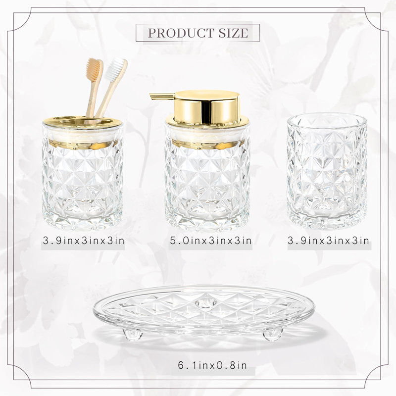 Ensemble de salle de bain en verre 4 pièces, blanc doré, comprenant un distributeur de savon, un porte-brosse à dents, un gobelet à brosse à dents et un porte-savon.