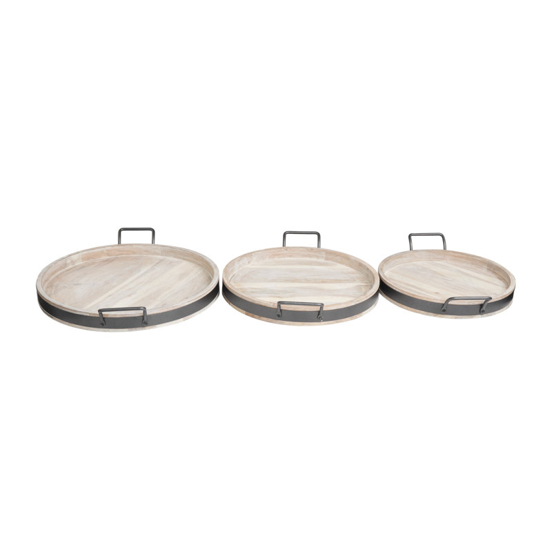 Ellarose Wood Nesting Decor Tray with Black Metal Handles Set, Washed