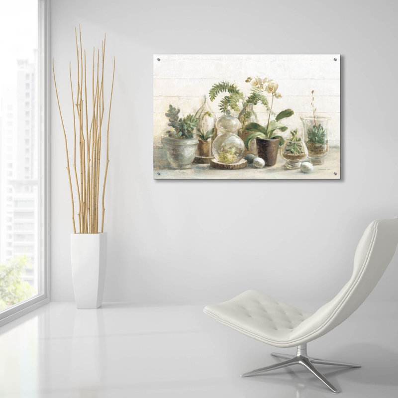 «Greenhouse Orchids On Shiplap» par Danhui Nai, art mural en verre acrylique, H 24 po x l 36 po x P 0,2 po