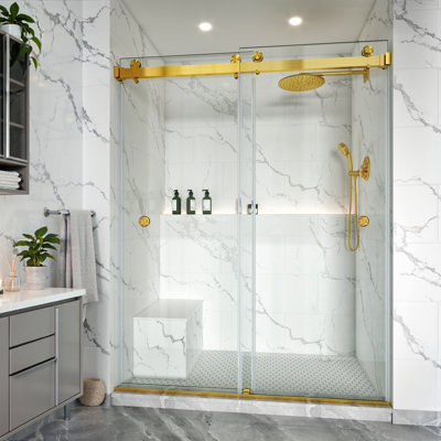Kavrton 68"-73" W X 76" H Frameless Shower Door, Double Sliding Shower Door in Brushed Gold, 3/8"(10mm) SGCC Certified Tempered Clear Glass with 2 Finger Pulls