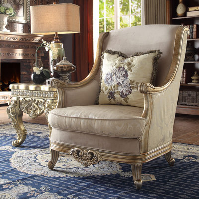 Marbled Champagne Silver Carved Wood Accent Chair European Fabric Pillow Set