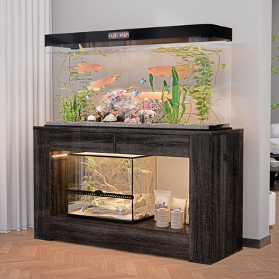 Support d'aquarium de 55 à 75 gallons pour aquarium et tortue, terrariums de reptiles, d'amphibiens, plateau et tiroirs en MDF, cadre en métal renforcé, éclairage à DEL, prises de courant