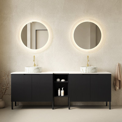 Meuble-lavabo double autoportant 72 po avec lavabos 72 po, 2 armoires de rangement rayées 30 po + tablette ouverte amovible 12 po, 2 vasques rondes blanches en pierre avec comptoir Carrara blanc, noir