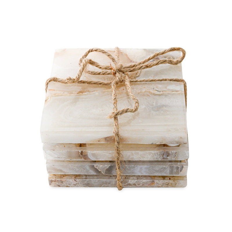 Square White and Brown Ceramic Coaster Set