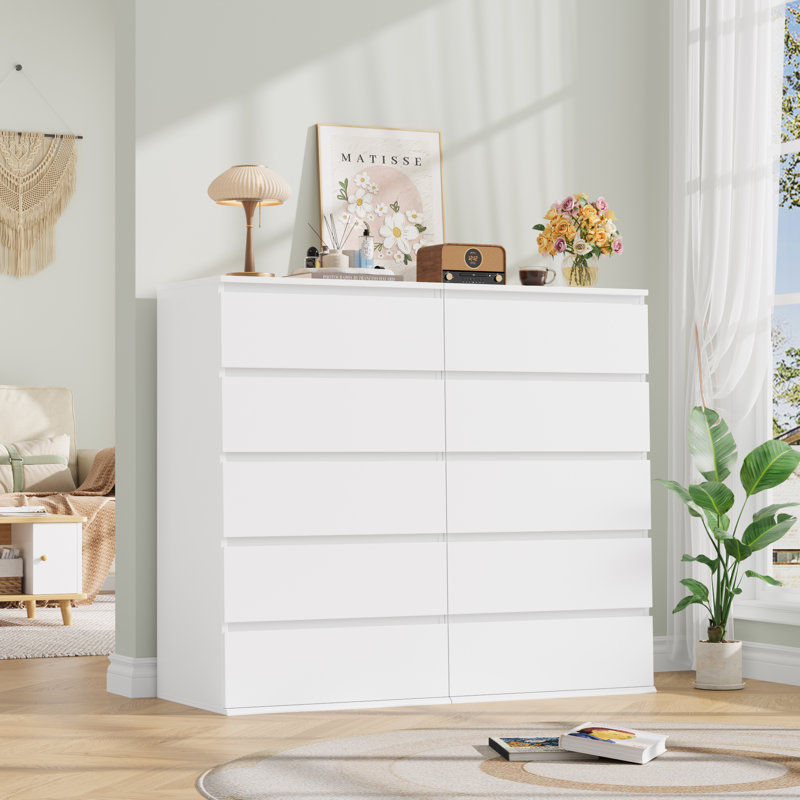  (Ensemble de 2) Commode 5 tiroirs, Blanc