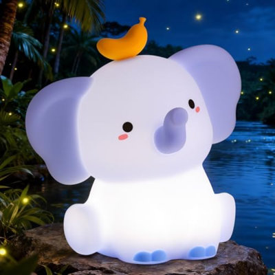 Veilleuse éléphant bleu, lampe de chambre d'éléphant en silicone souple avec 2 niveaux de gradation et minuterie de 20 minutes, veilleuse à commande tactile pour le décor de la chambre à coucher, cadeau d'anniversaire de Noël