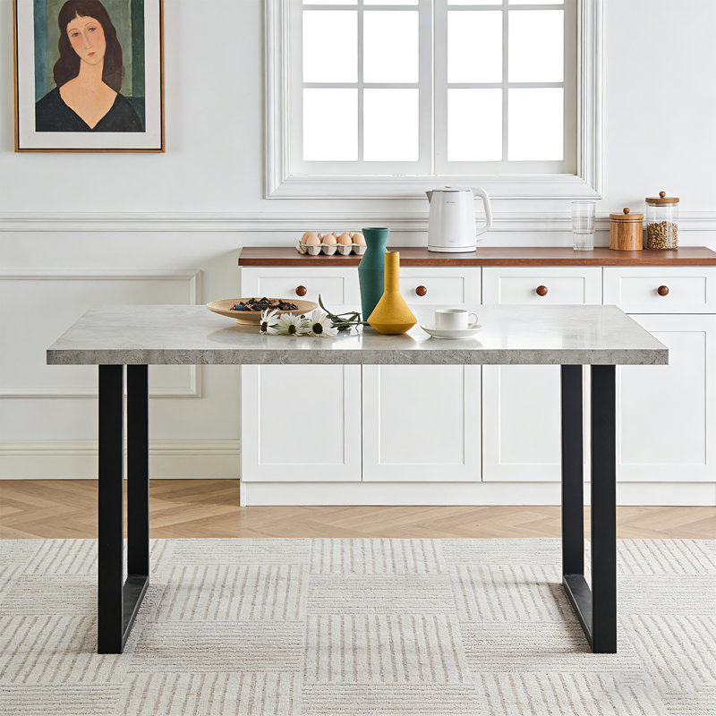 Modern 150cm Rectangular Sturdy Dining Table with 3.6cm Tabletop and 6cm Thick Pedestal, Grey Marble