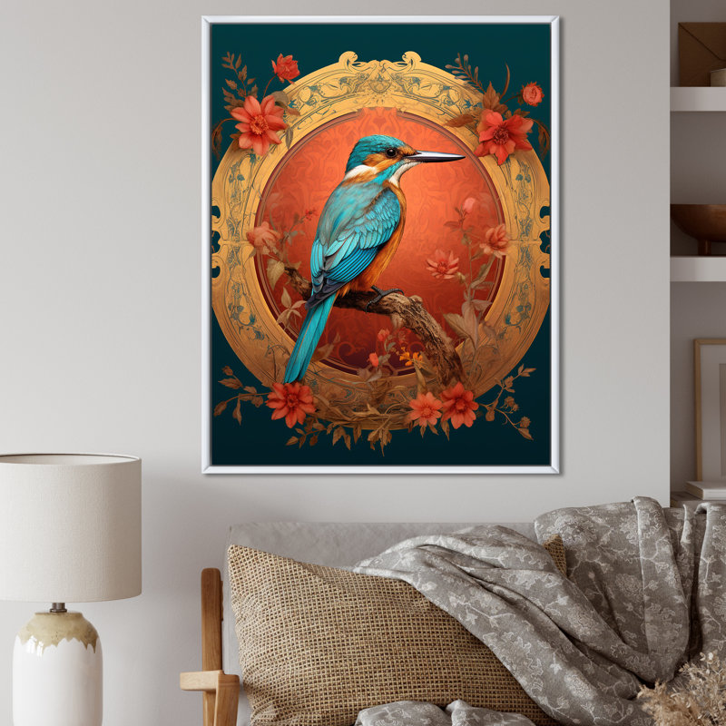 Martin-pêcheur bleu - Illustration rétro - impression, Cadre flottant blanc, H 44 po x l 34 po x P 1,5 po