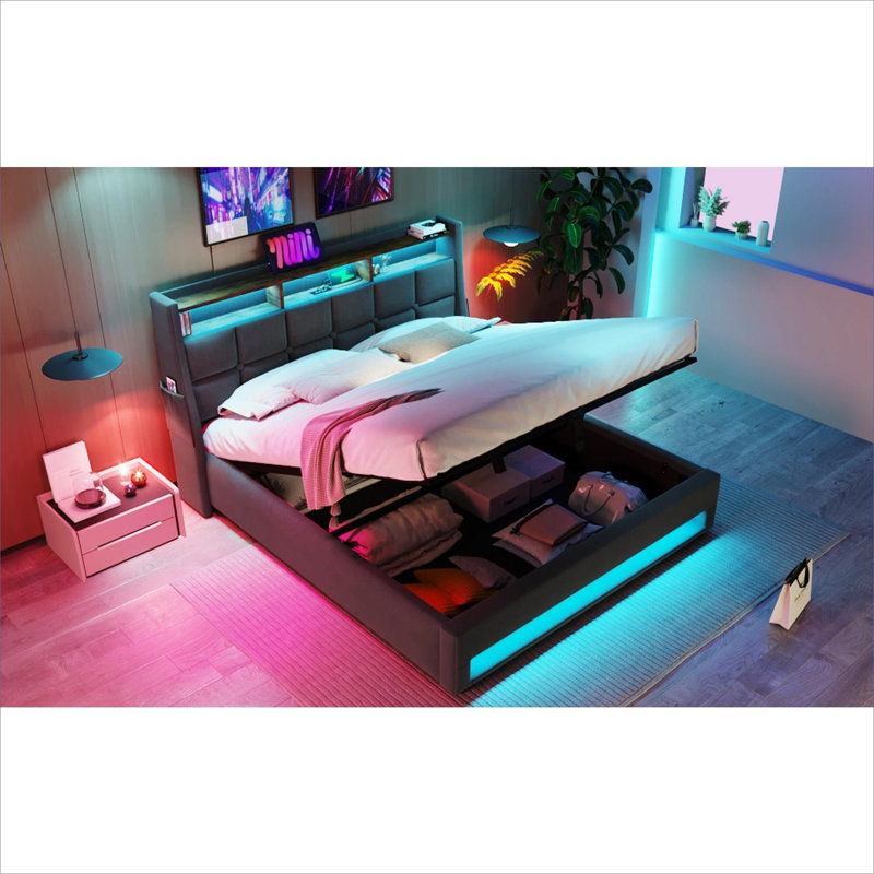 Bedroom Vintage Modern Full Size Upholstered Platform Bed Frame With Hydraulic Storage, LED Lighting And USB Charging, Soft Gray Metal Wood Construction