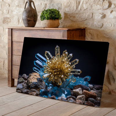 Toile une superbe composition de divers minéraux avec un art mural proéminent en cristal doré avec des facettes nettes et un art mural sur toile