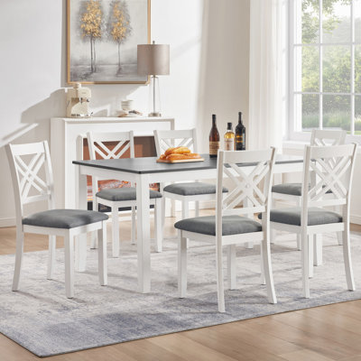 Modern 7-Piece Solid Wood Dining Set with 6 Upholstered Chairs – Grey & White Two-Tone Rectangular Table for 6, Space-Saving Kitchen & Dining Room Set