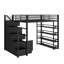 Lit mezzanine double en métal avec tablettes, armoires et garde-robe