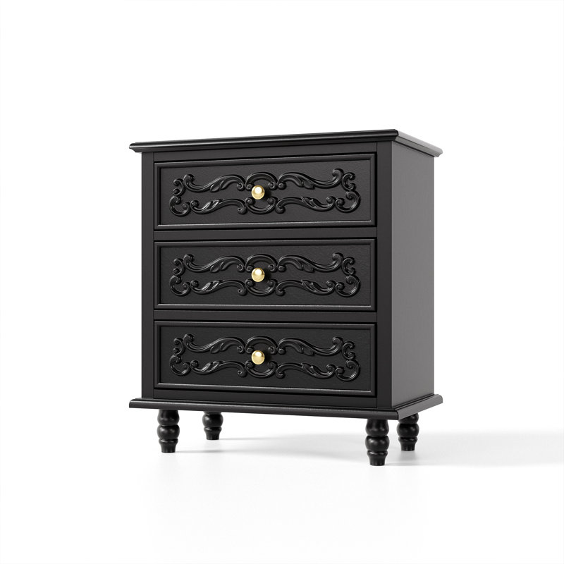 Table de chevet traditionnelle à 3 tiroirs de 23,6 po de largeur avec façades à volutes, noir, Noir