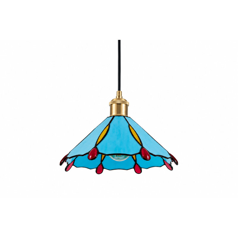 Tiffany Stained Glass Pendant Light, Vintage Mini Hanging Ceiling Lamp, Black Cord & Brass Socket, E26 Base, Sky‑Blue Shade for Kitchen Island Dining Room, Bulb Not Included
