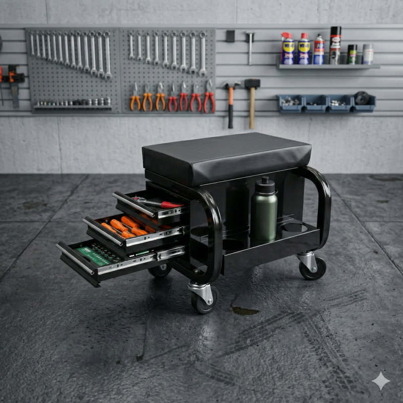 Siège de garage et de magasin roulant avec trois tiroirs intégrés, fonctionnant comme un coffre à outils mobile, fini en noir.