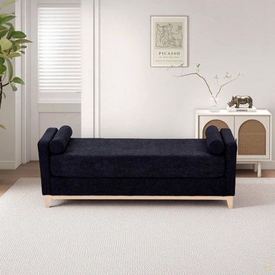 66.34 inches Sherpa Fleece Upholstered Bench / Daybed / Ottoman with solid wood Legs and 2 Bolster Pillows, Ideal for Bed End, Bedroom, Living Room, Entryway