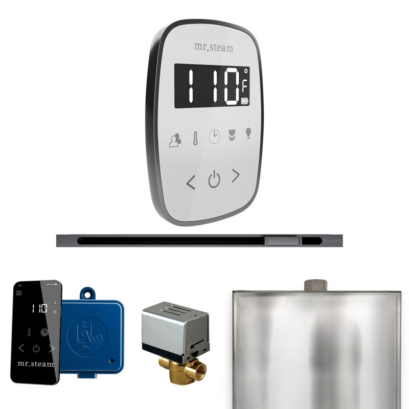 Ensemble de commande de douche à vapeur ButlerFlex avec contrôle TempoFlex et tête de vapeur linéaire, Blanc / acier satiné