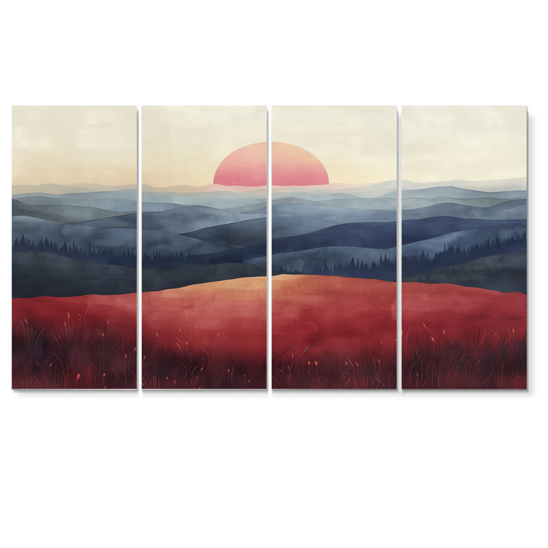 Ensemble de salon mural rouge et bleu abstrait Sunset Mountain Landscape I - Landscape Mountains, H 28 po x l 48 po