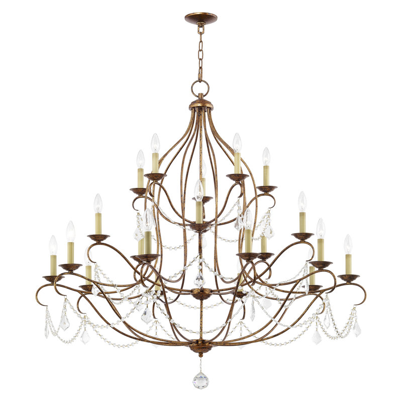 Lustre à 20 lumières de style bougie avec accents de cristal Abdel-Rahman, Bronze doré vénitien
