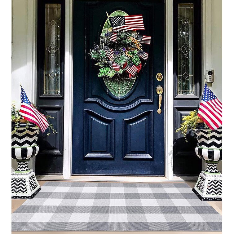 Gracie Oaks Buffalo Plaid Outdoor Rug Grey 27.5 x 43 Inches Cotton Hand-Woven Checkered Front Door Mat, Washable Gray Outdoor Rugs for Layered Door Mats Porch/Fro